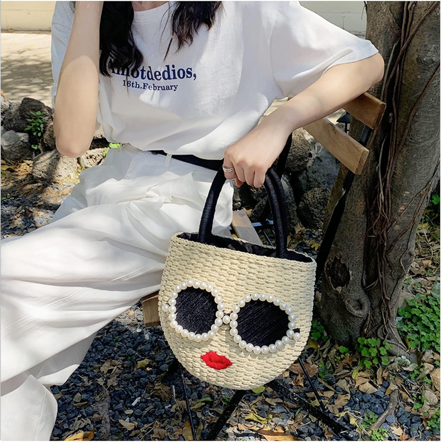 Straw Bag, Beach Bag for Woman, Bohemian Hand-Woven Handbags, Cute Sunglasses Red Lip Basket bag, Straw Tote Bag Suitable for Picnic, Travel, Daily Matching - Image 4