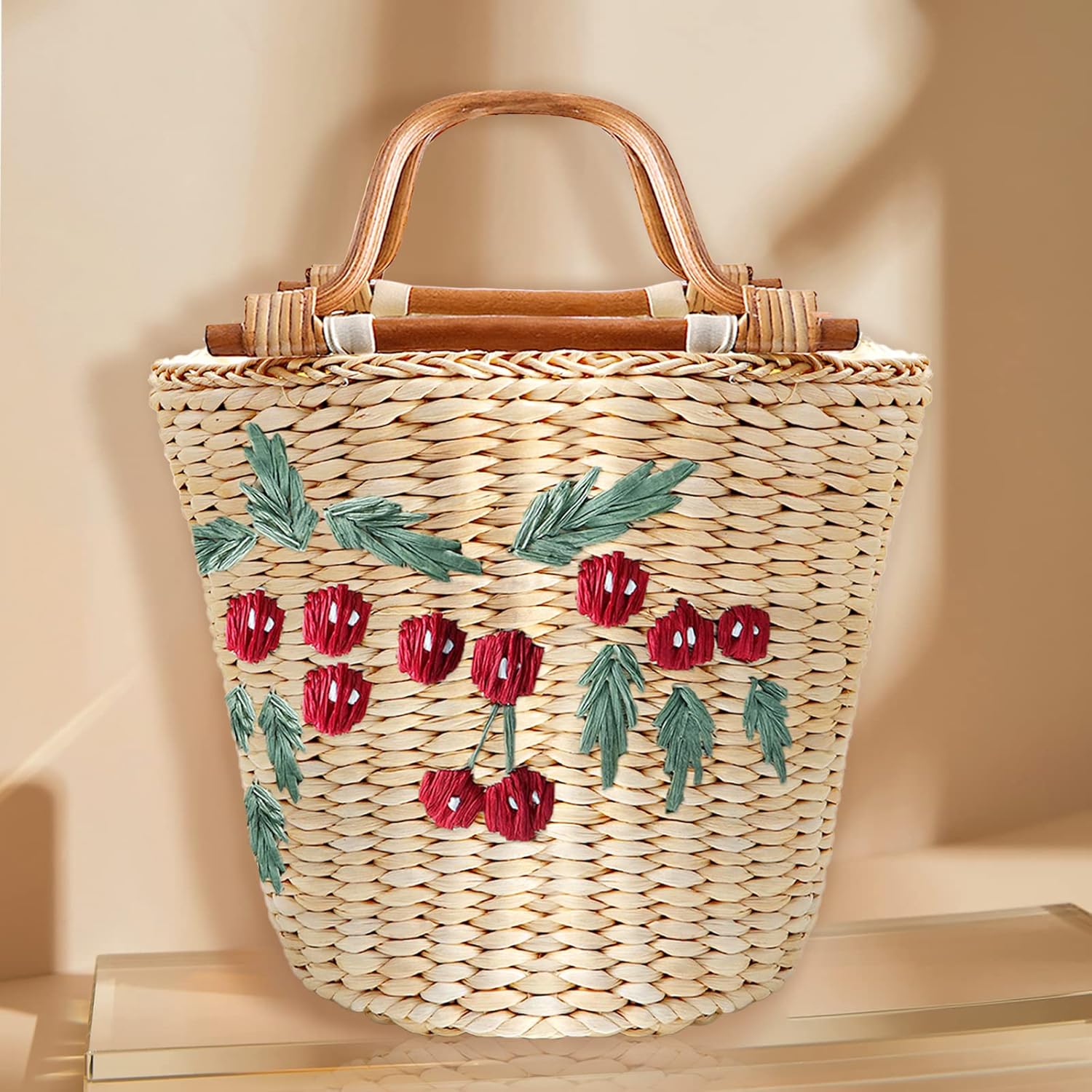 Straw Bag, Beach Bag for Women, Handwoven Handbag Vintage Cherry Pattern Embroidery Creative Wooden Handle, Large Rattan Tote Bag Suitable for Vacation Seaside Travel - Image 5