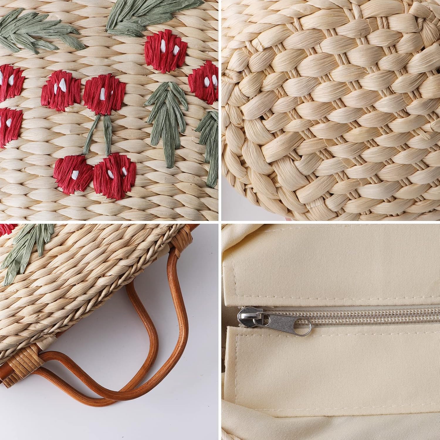 Straw Bag, Beach Bag for Women, Handwoven Handbag Vintage Cherry Pattern Embroidery Creative Wooden Handle, Large Rattan Tote Bag Suitable for Vacation Seaside Travel - Image 3