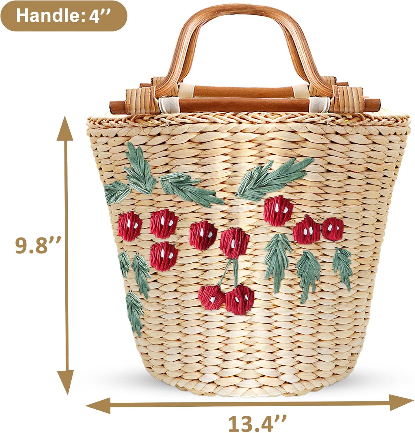 Straw Bag, Beach Bag for Women, Handwoven Handbag Vintage Cherry Pattern Embroidery Creative Wooden Handle, Large Rattan Tote Bag Suitable for Vacation Seaside Travel - Image 2