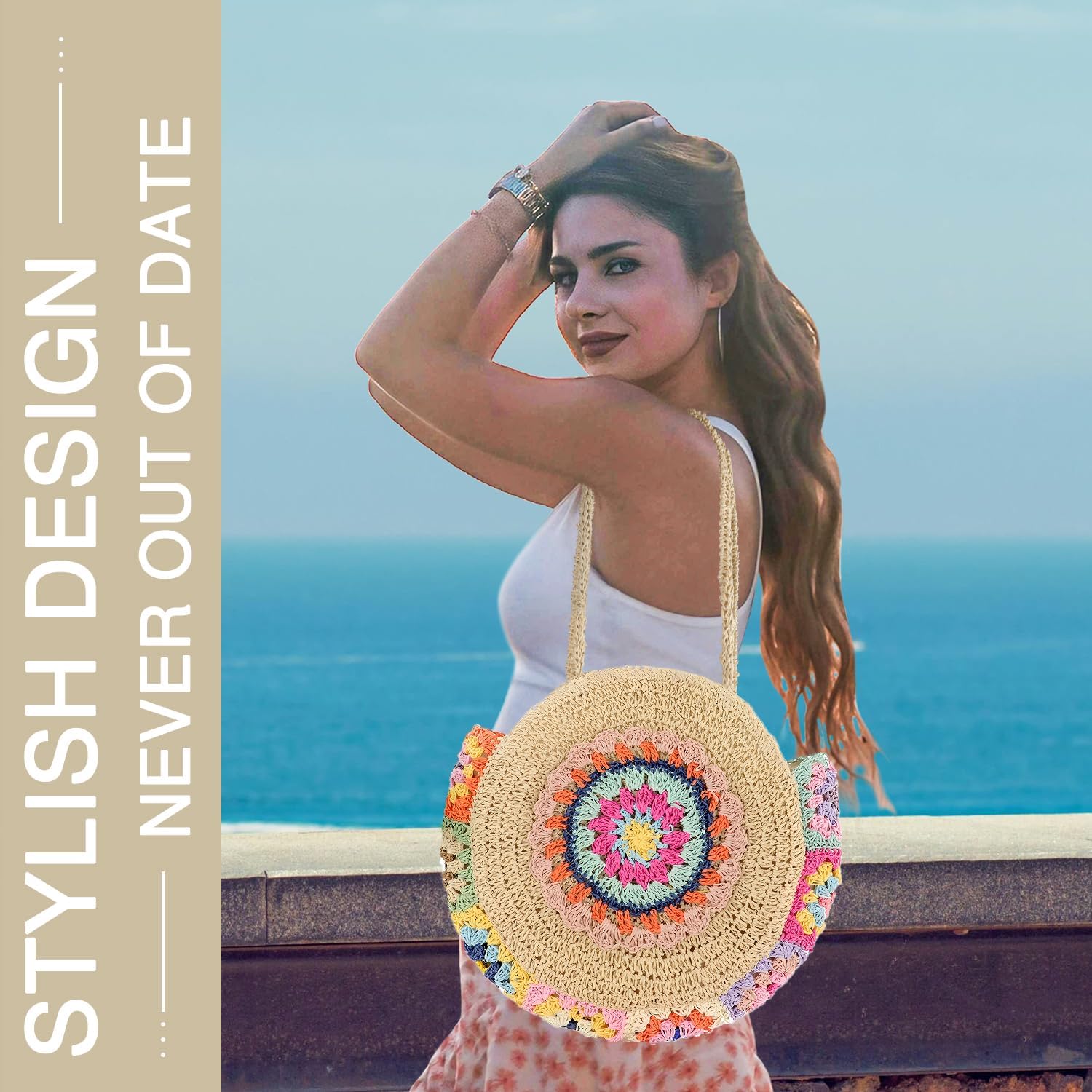 Straw Bags for Women Large Beach Tote Bag Floral Crochet Woven Shoulder Purse Summer Handbag - Image 6