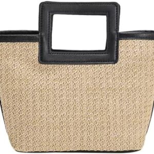Straw Beach Tote Bag with Square Handle, Natural Woven with Black Trim, Summer Handbag