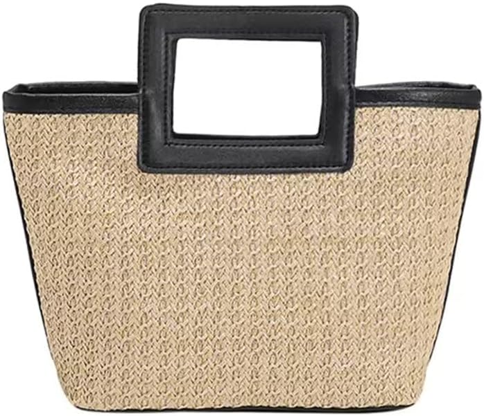 Straw Beach Tote Bag with Square Handle, Natural Woven with Black Trim, Summer Handbag