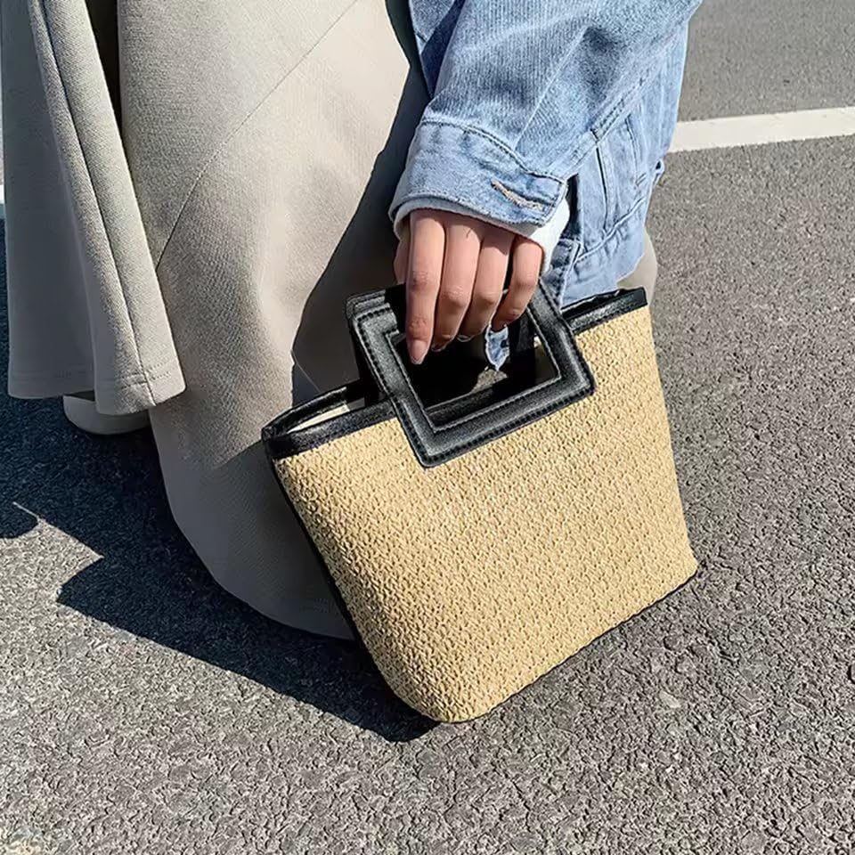 Straw Beach Tote Bag with Square Handle, Natural Woven with Black Trim, Summer Handbag - Image 2