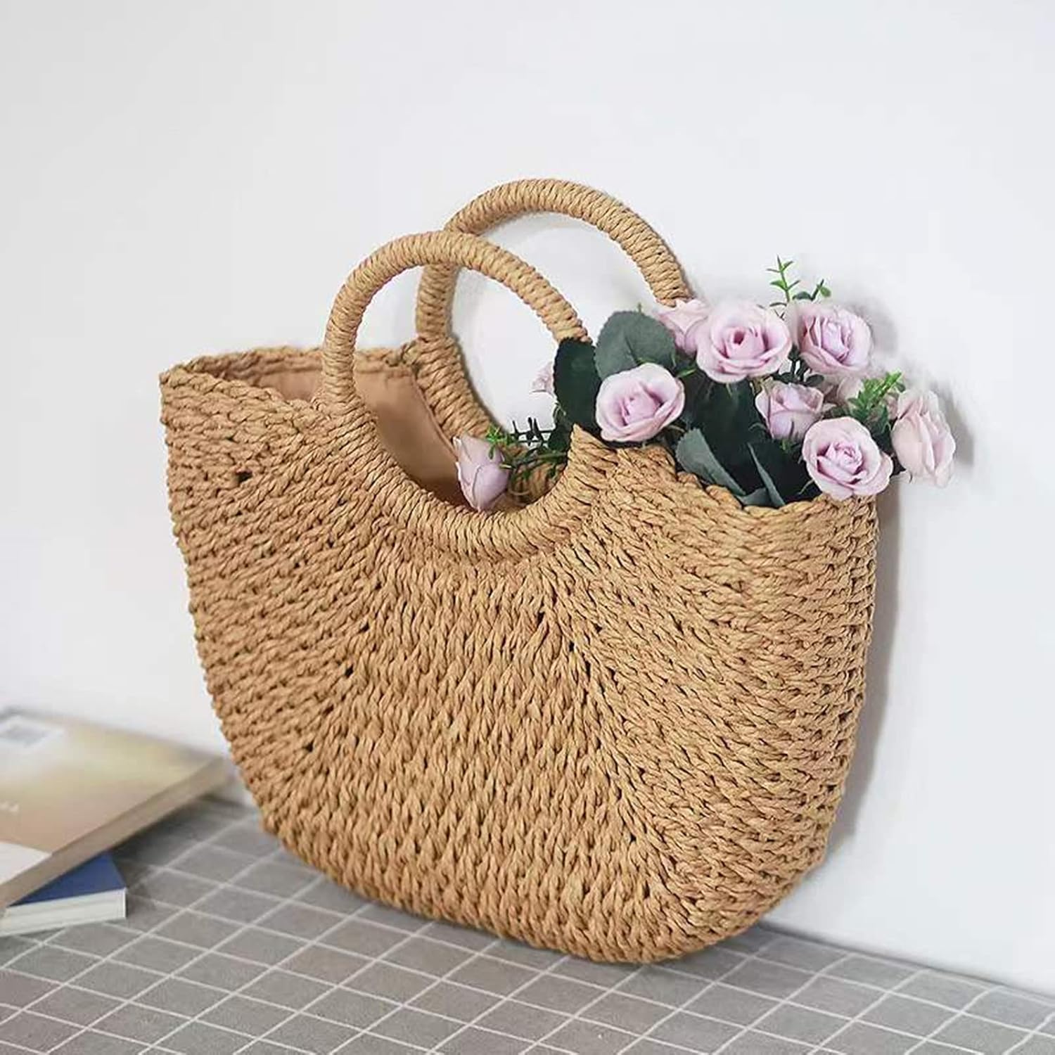 Summer Beach Rattan bag,Hand-woven Straw Large Bag Round Handle Ring Tote Retro Straw Bags for Women - Image 2