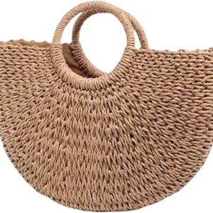 Summer Beach Rattan bag,Hand-woven Straw Large Bag Round Handle Ring Tote Retro Straw Bags for Women