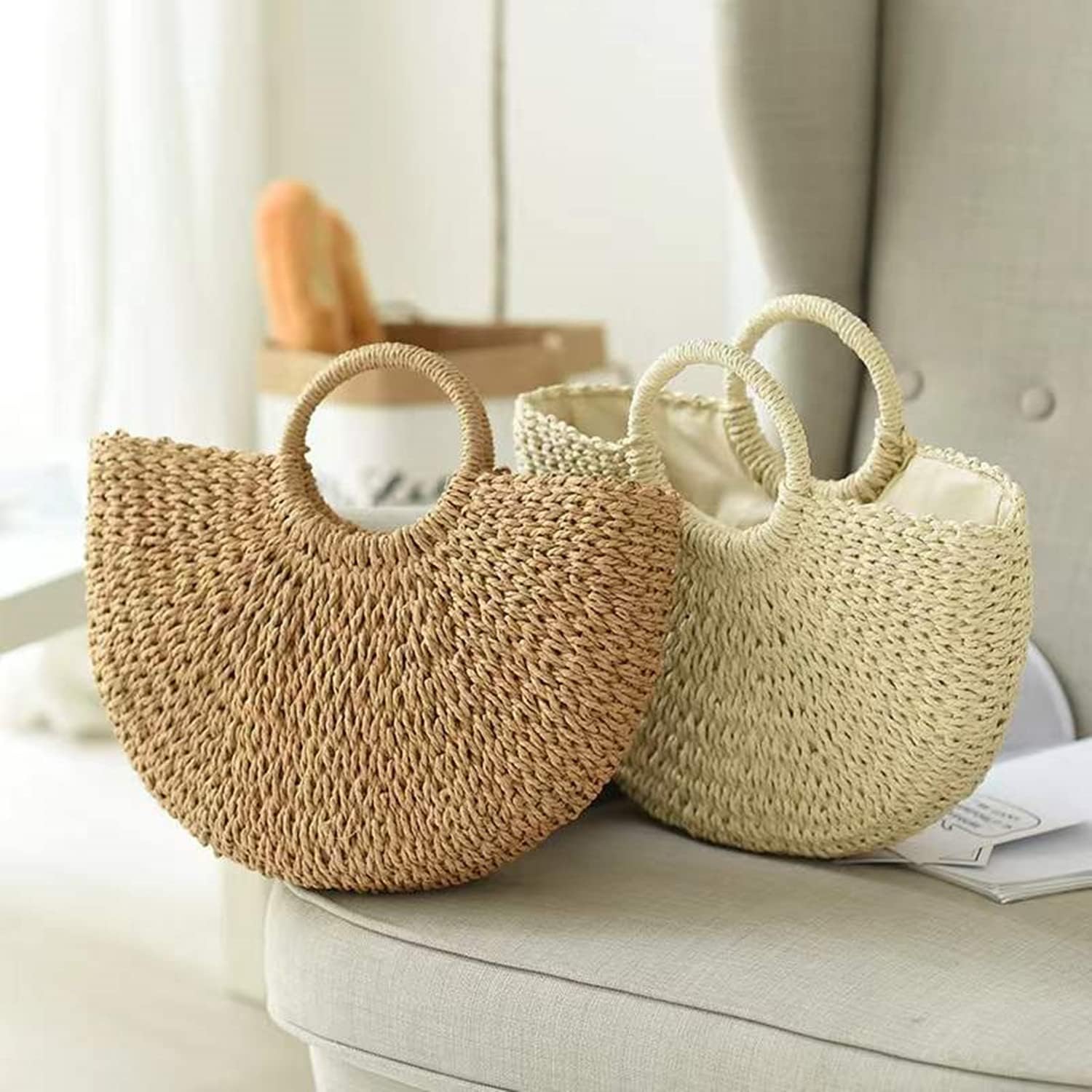 Summer Beach Rattan bag,Hand-woven Straw Large Bag Round Handle Ring Tote Retro Straw Bags for Women - Image 4
