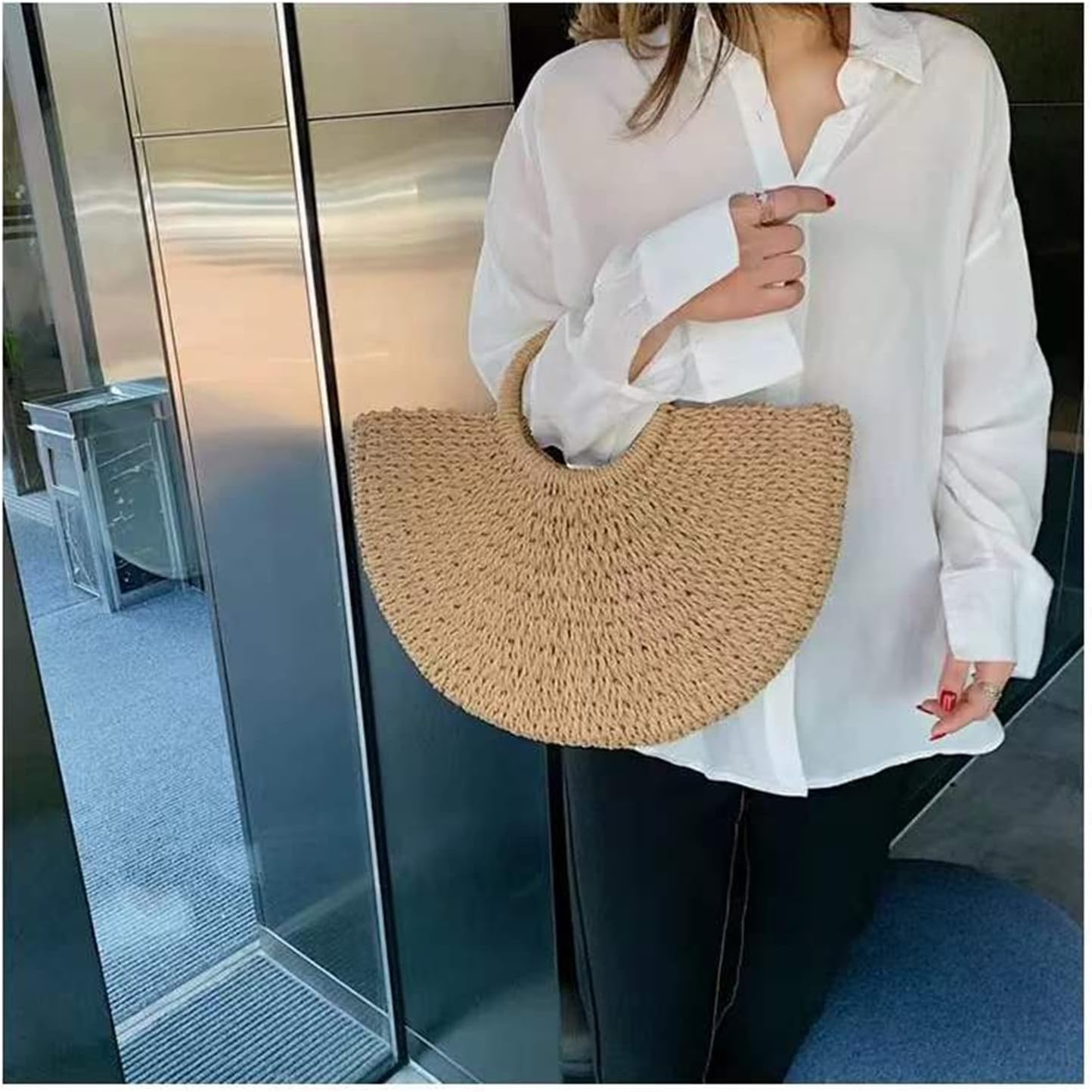 Summer Beach Rattan bag,Hand-woven Straw Large Bag Round Handle Ring Tote Retro Straw Bags for Women - Image 7