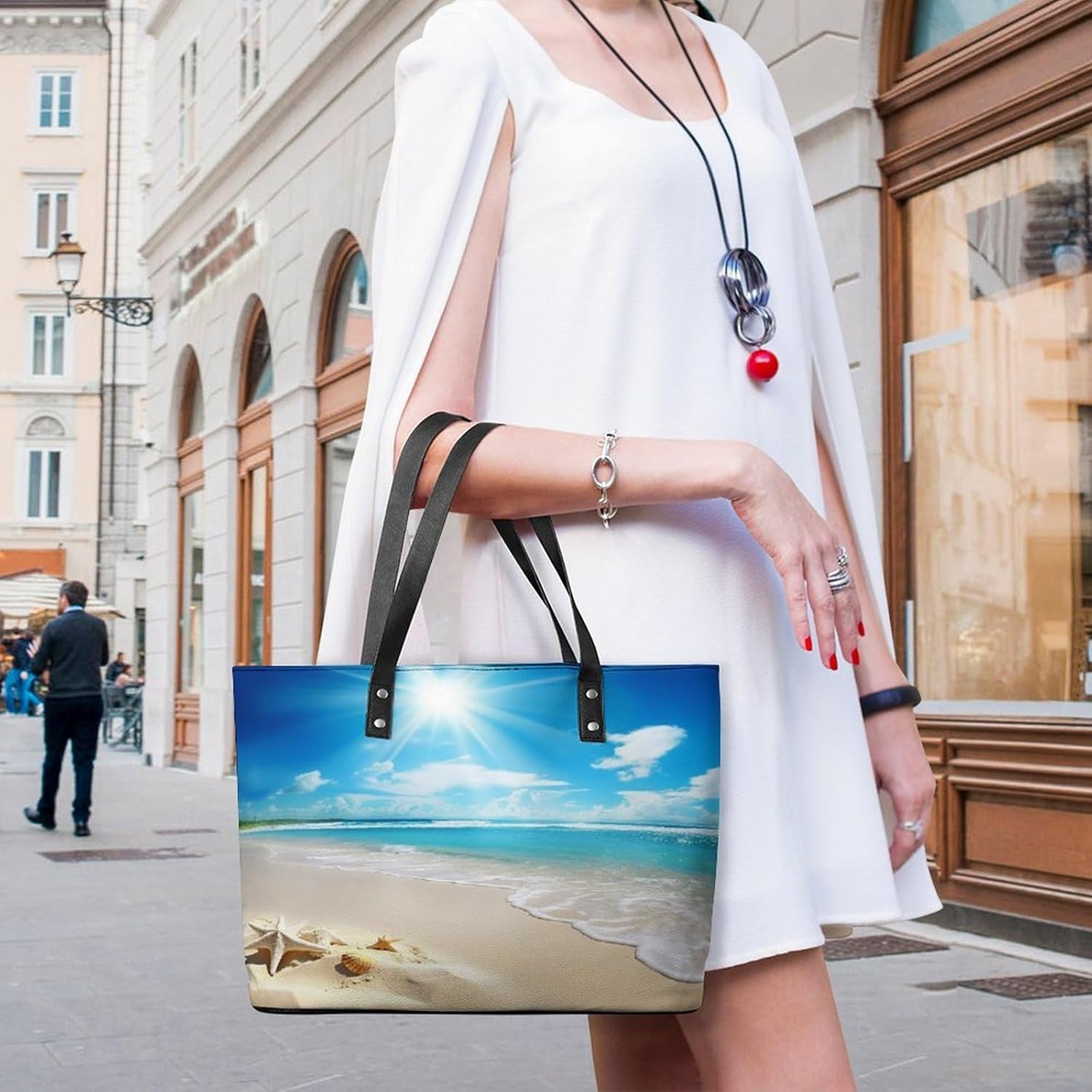 Summer Beach Tote Bag Large Soft Leather Purse with Zipper Lightweight Ladies Shoulder Handbag - Image 5