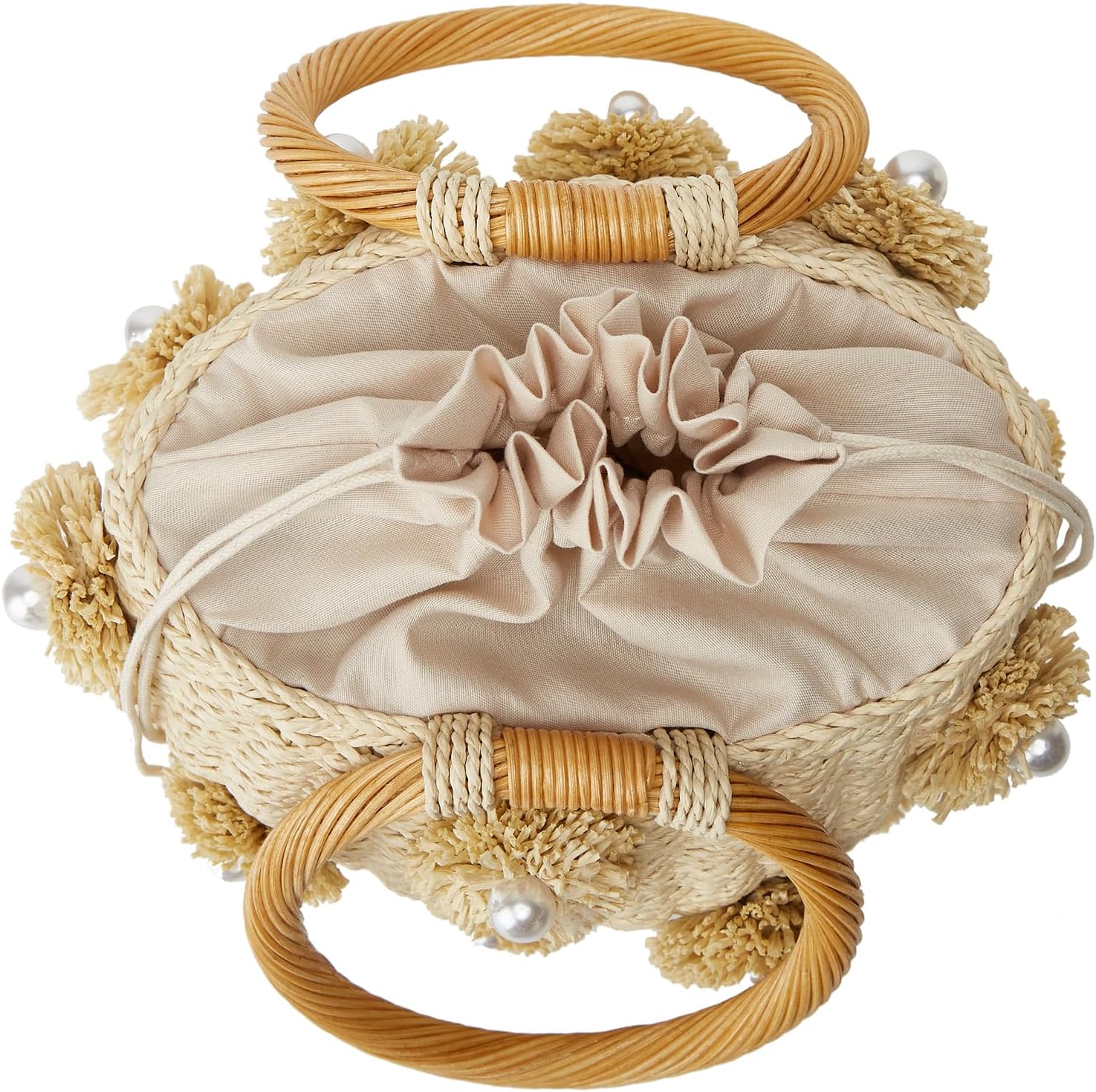 Summer Straw Bag for Women Pearl Flower Bucket Tote Bag Diamond Handbag Hand Woven Rattan Shell Purse Drawstring - Image 3