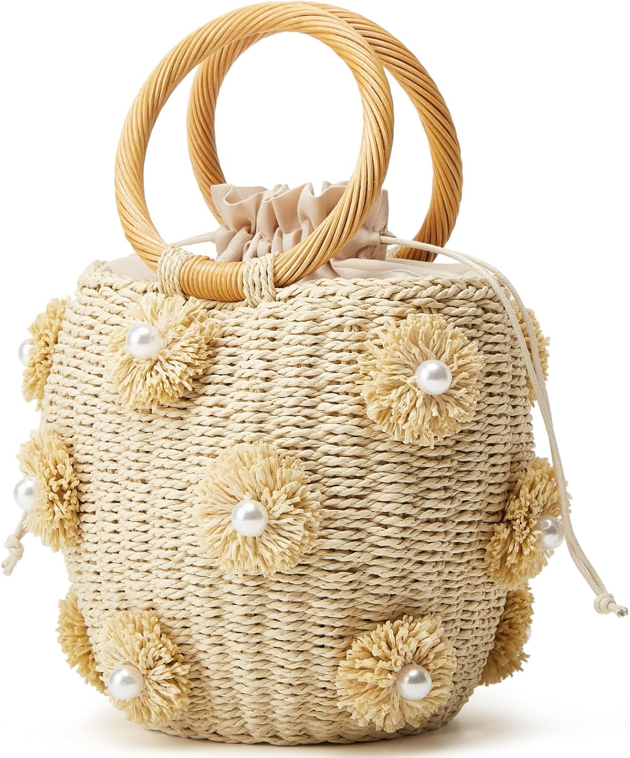 Summer Straw Bag for Women Pearl Flower Bucket Tote Bag Diamond Handbag Hand Woven Rattan Shell Purse Drawstring - Image 2