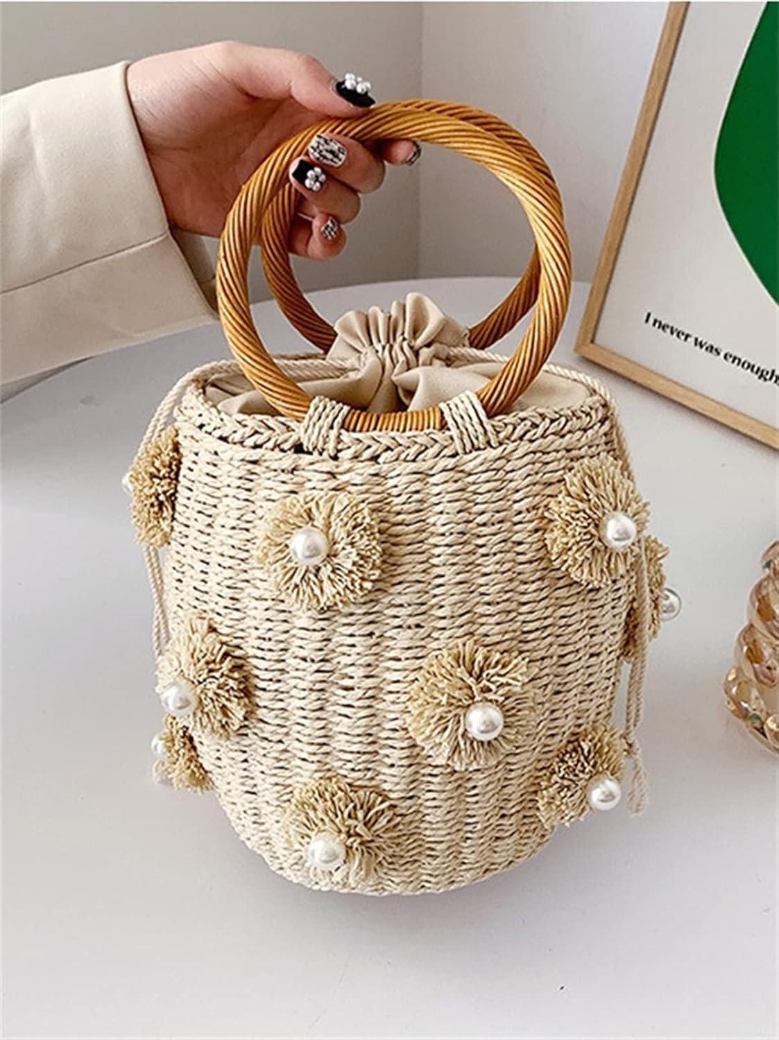 Summer Straw Bag for Women Pearl Flower Bucket Tote Bag Diamond Handbag Hand Woven Rattan Shell Purse Drawstring - Image 4