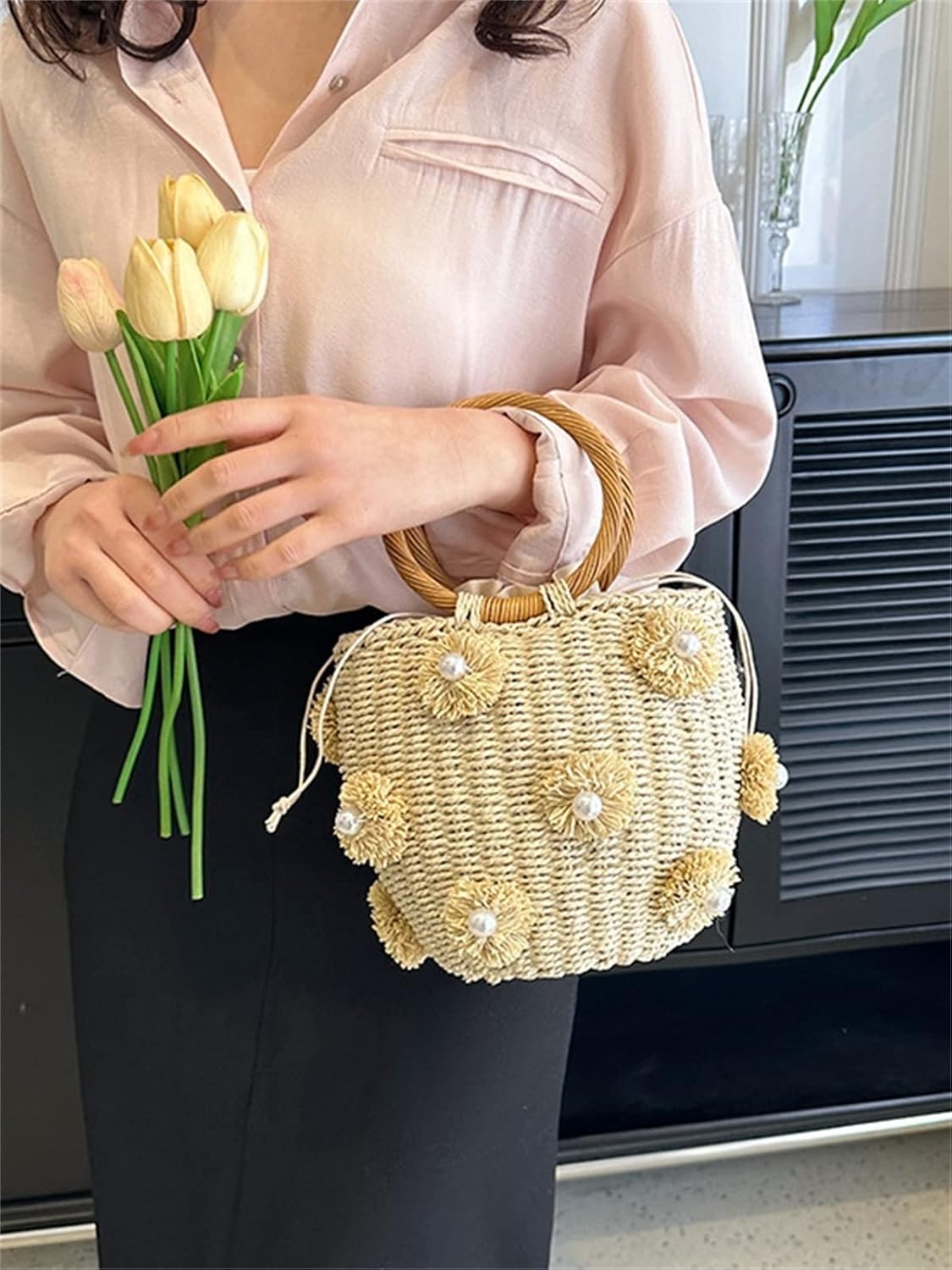 Summer Straw Bag for Women Pearl Flower Bucket Tote Bag Diamond Handbag Hand Woven Rattan Shell Purse Drawstring - Image 5