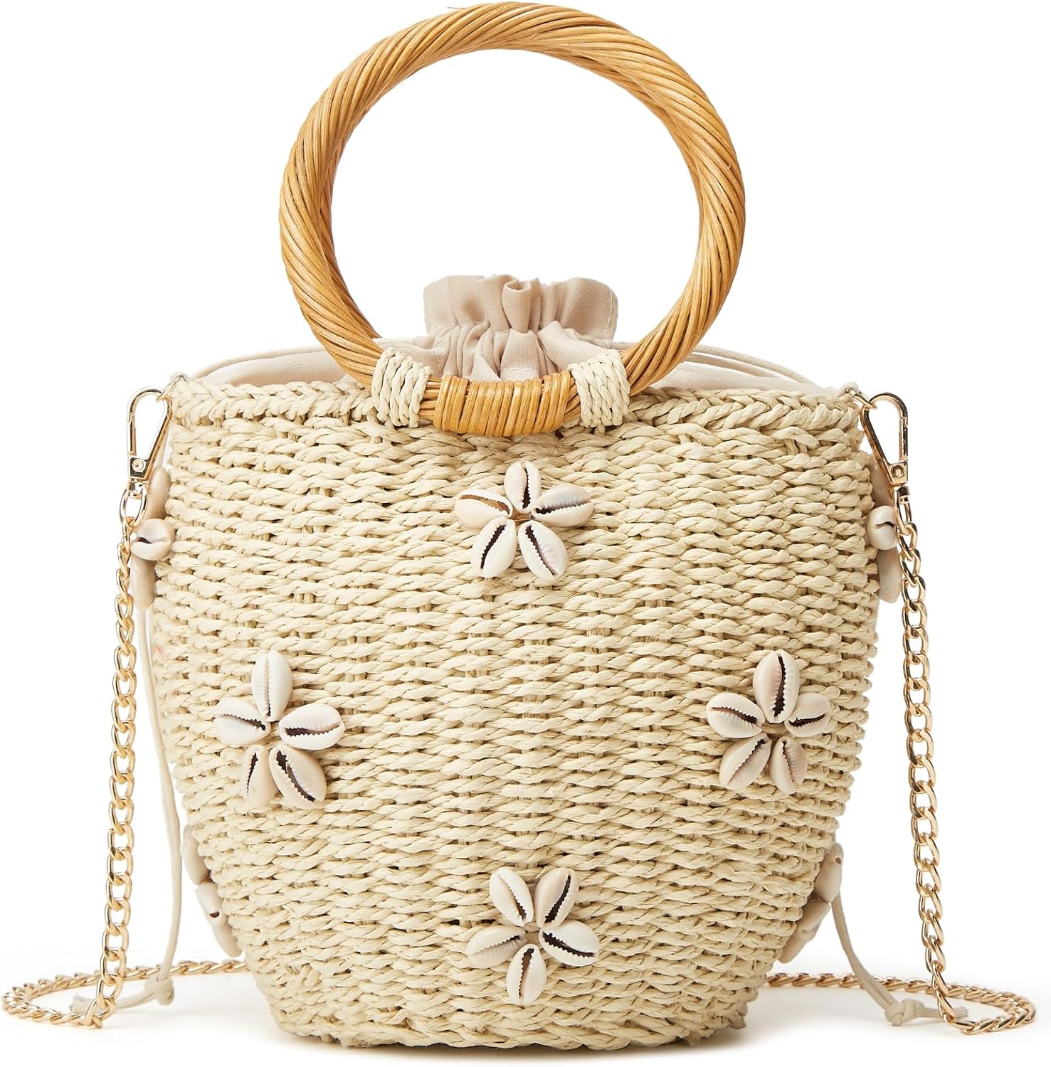 Summer Straw Bag for Women Pearl Flower Bucket Tote Bag Diamond Handbag Hand Woven Rattan Shell Purse Drawstring - Image 8