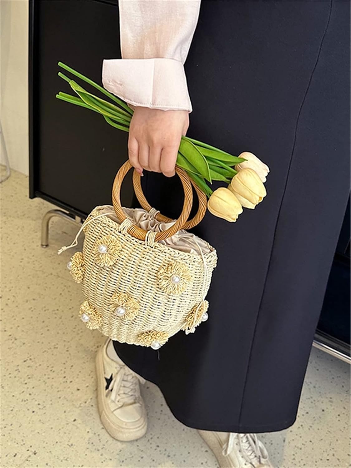Summer Straw Bag for Women Pearl Flower Bucket Tote Bag Diamond Handbag Hand Woven Rattan Shell Purse Drawstring - Image 7