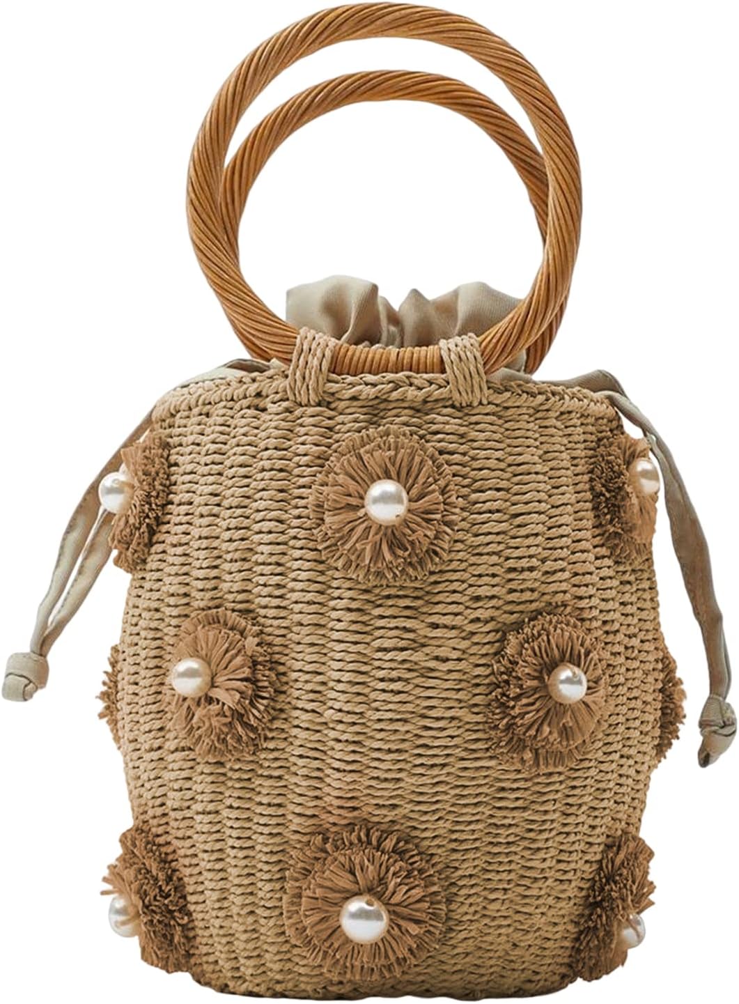 Summer Straw Bag for Women Pearl Flower Bucket Tote Bag Diamond Handbag Hand Woven Rattan Shell Purse Drawstring - Image 9