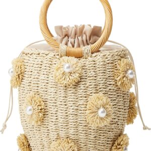 Summer Straw Bag for Women Pearl Flower Bucket Tote Bag Diamond Handbag Hand Woven Rattan Shell Purse Drawstring