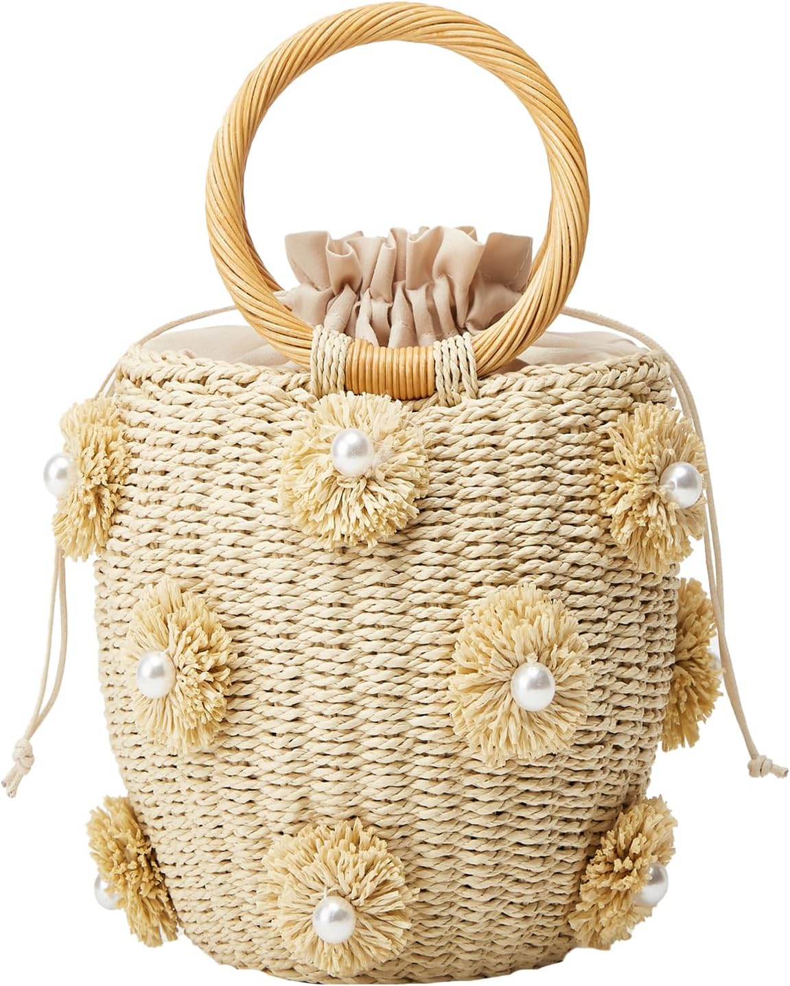 Summer Straw Bag for Women Pearl Flower Bucket Tote Bag Diamond Handbag Hand Woven Rattan Shell Purse Drawstring
