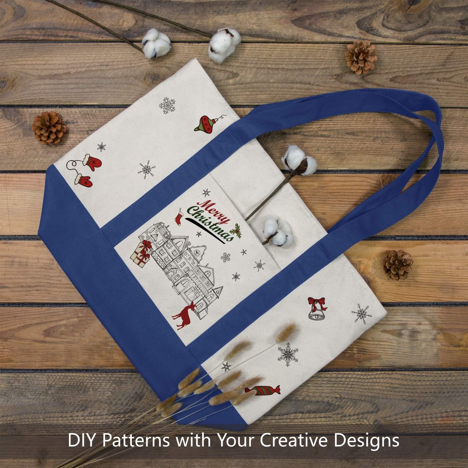 TOPDesign Canvas Tote Bag Blue\/Natural i##e##s: 1-Pack ^^ with an External Pocket ^^ Reusable Grocery Shopping Bag ^^ Top Zipper Closure ^^ Daily Essentials :i##e##s - Image 4