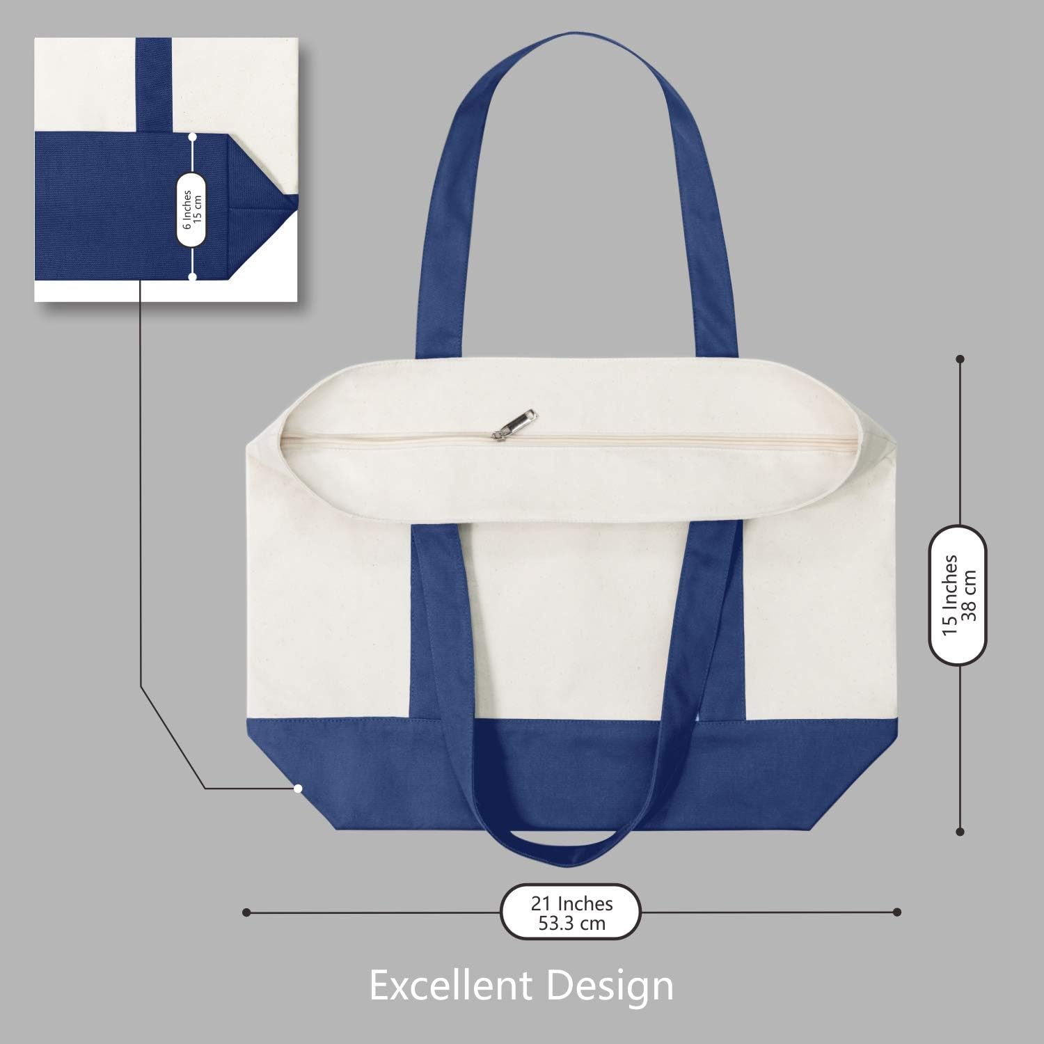 TOPDesign Canvas Tote Bag Blue\/Natural i##e##s: 1-Pack ^^ with an External Pocket ^^ Reusable Grocery Shopping Bag ^^ Top Zipper Closure ^^ Daily Essentials :i##e##s - Image 3
