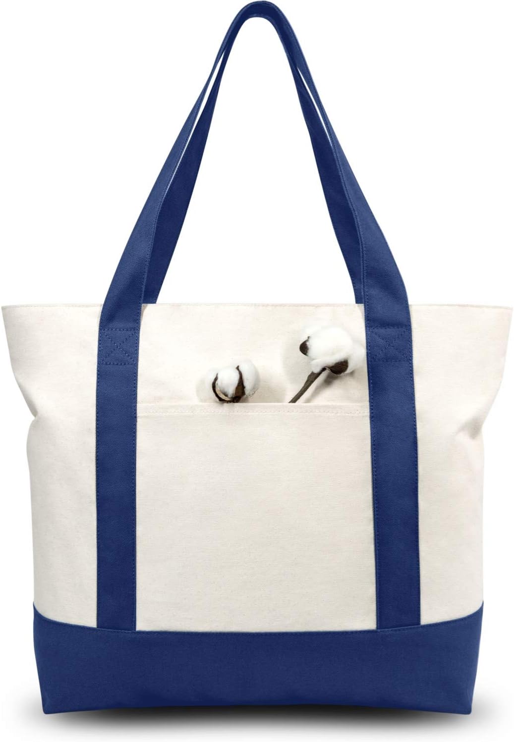 TOPDesign Canvas Tote Bag Blue\/Natural i##e##s: 1-Pack ^^ with an External Pocket ^^ Reusable Grocery Shopping Bag ^^ Top Zipper Closure ^^ Daily Essentials :i##e##s