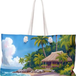 Tropical Bungalow Oil Painting Print Oversized Shopping Bag Summer Beach Bag Vacation Travel Tote Reusable Bag Pool Bag Gift
