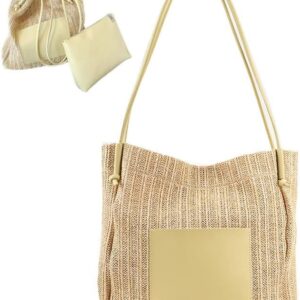 Unique Straw Tote Bag with Purse Set for Women Large Loose Beach bag with Long Leather Handle for Summer Vacation Day Trips Shoulder Bag