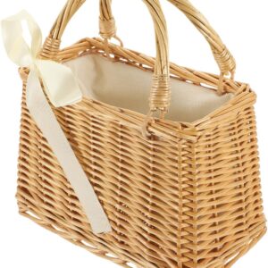 Vaguelly Wicker Handbag Bow Rattan Woven Bag Straw Bags Top Handle Wicker Baskets Purse Handbags Boho Style Beach Bag Flower Basket Straw Tote for Women Square Rattan Bag