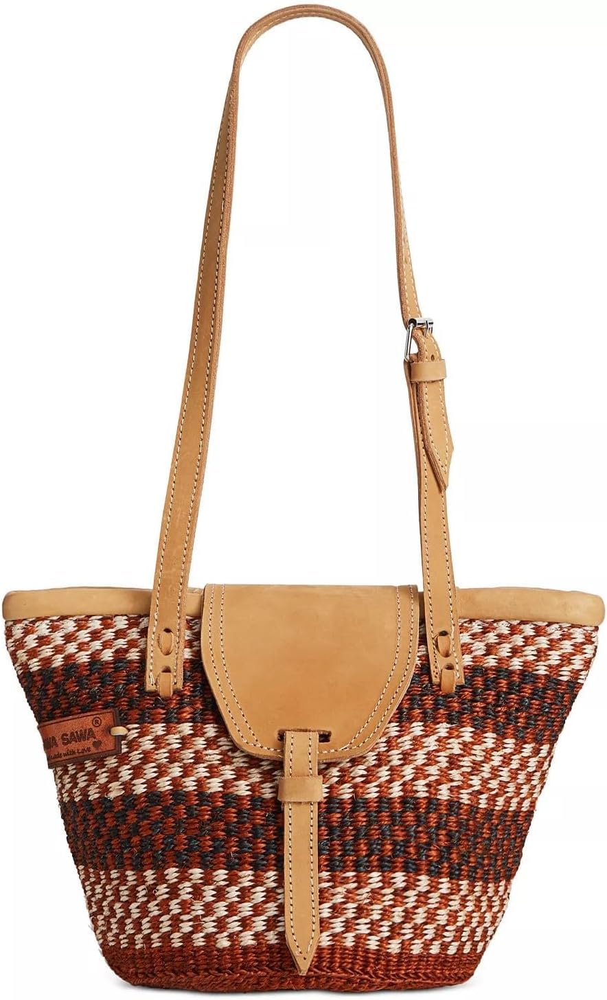 Waves on Earth Handmade Sisal Straw Tote Bag, Lightweight Market Basket with Leather Strap Handles and Button Closure, Large Straw Purse for Travel, Handmade Summer Beach Lifestyle Tote Handbag