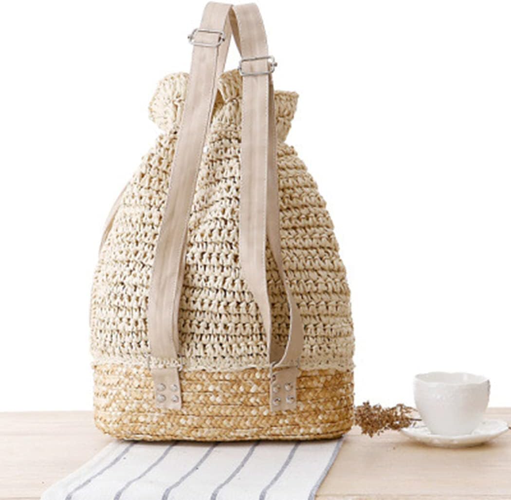 Women Knapsack Crochet Woven Straw bag with Leather Straps Shoulder Bags Drawstring Summer Holiday Beach Tote Beige bag - Image 3