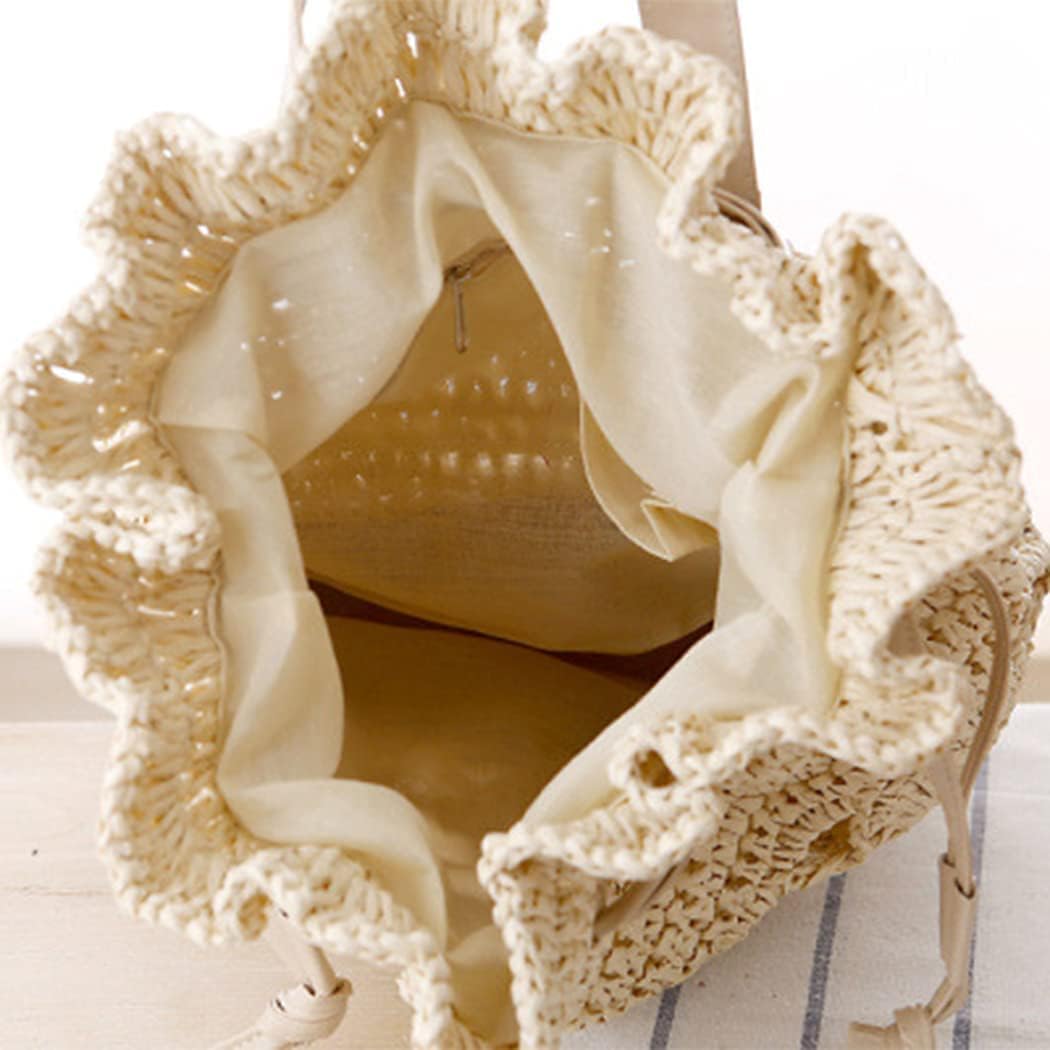 Women Knapsack Crochet Woven Straw bag with Leather Straps Shoulder Bags Drawstring Summer Holiday Beach Tote Beige bag - Image 7