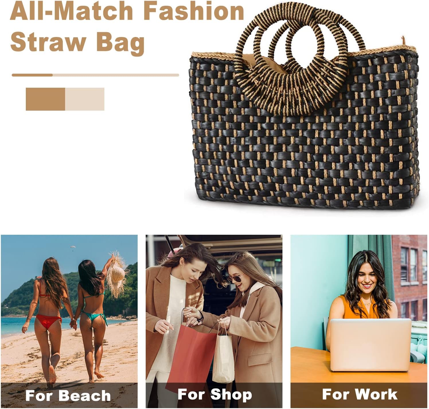 Women Straw Bag Beach Handbag Tote Bag Black - Image 5