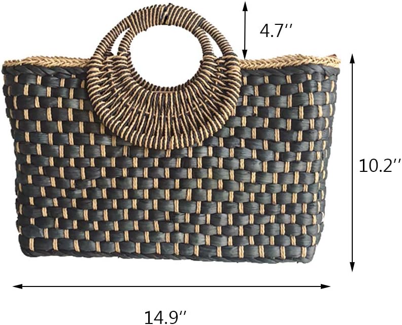 Women Straw Bag Beach Handbag Tote Bag Black - Image 2