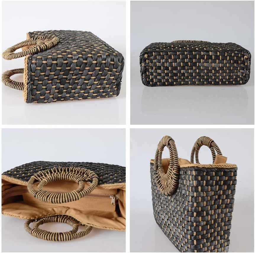 Women Straw Bag Beach Handbag Tote Bag Black - Image 3