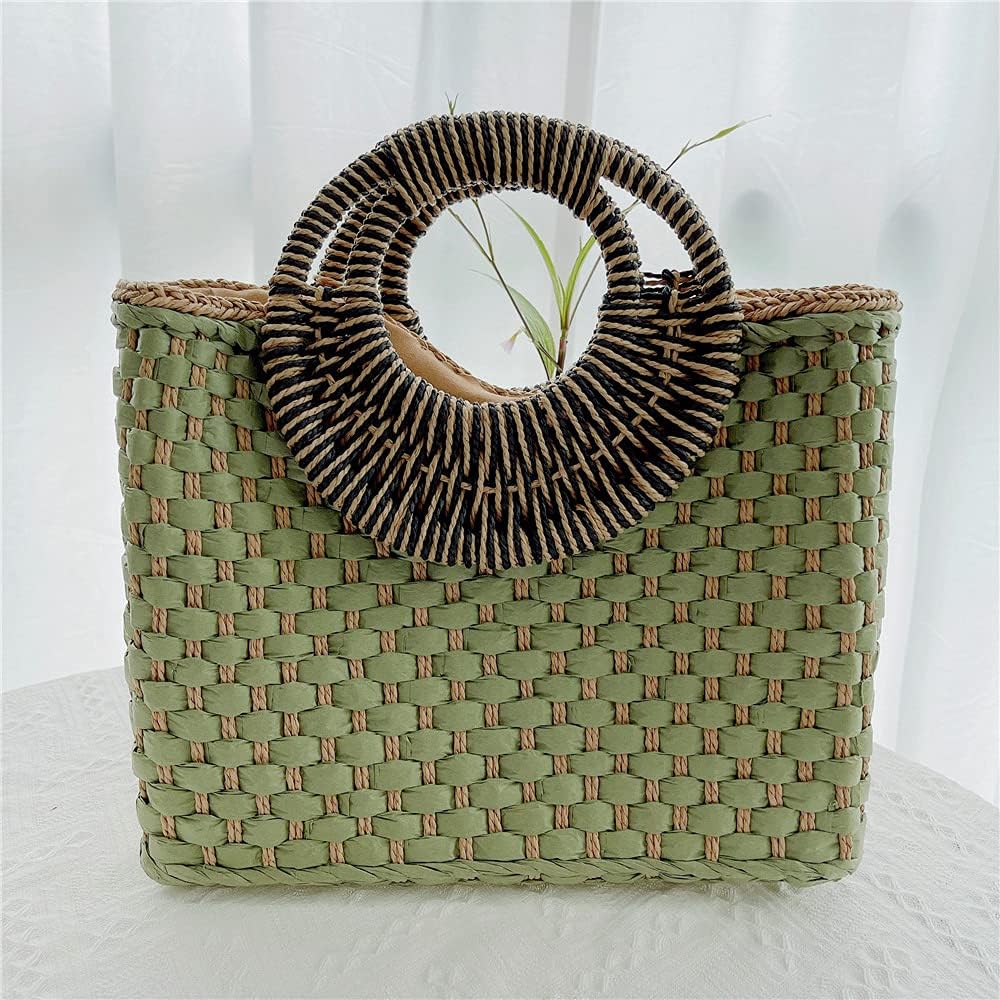 Women Straw Bag Beach Handbag Tote Bag Green - Image 3