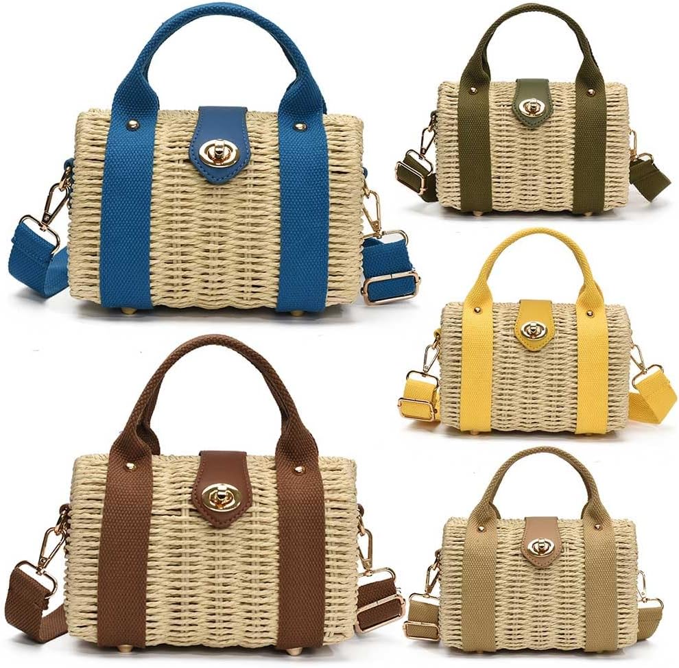Women Straw Tote Handbag Straw Tote Handbag Summer Beach Crossbody Bag (Blue) - Image 7