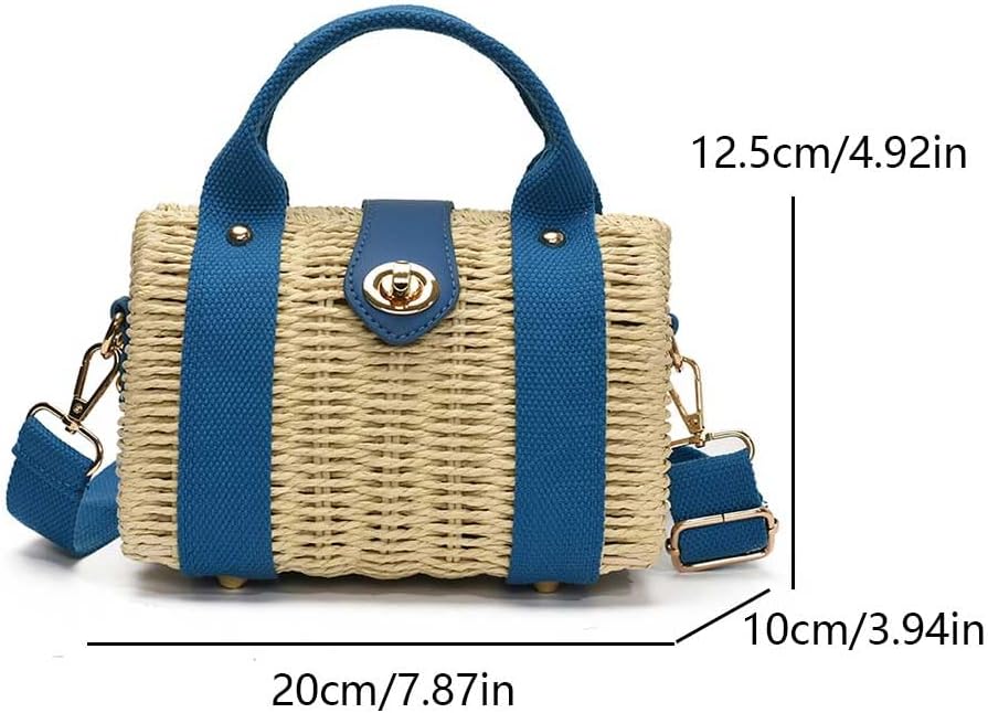 Women Straw Tote Handbag Straw Tote Handbag Summer Beach Crossbody Bag (Blue) - Image 6