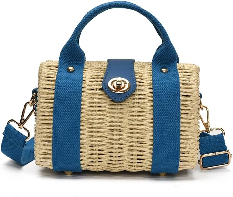 Women Straw Tote Handbag Straw Tote Handbag Summer Beach Crossbody Bag (Blue) - Image 9