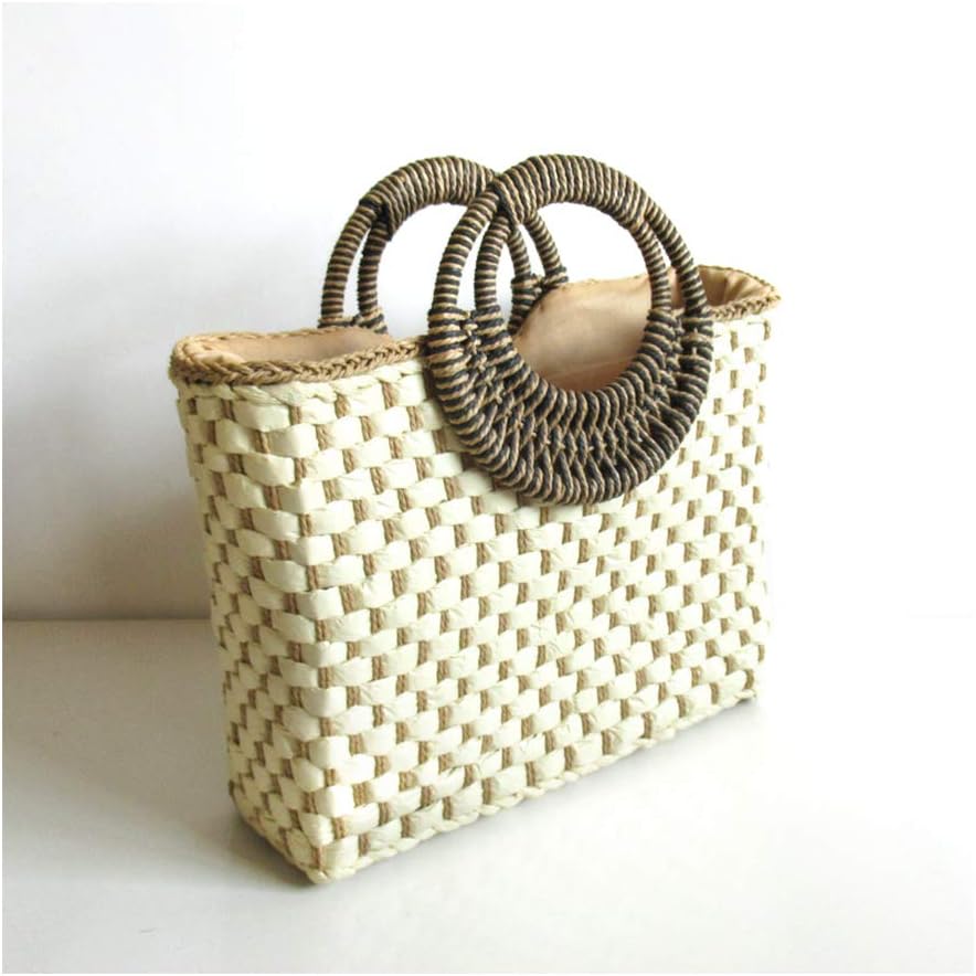 Women Summer Retro Straw Bag with Zip Hand-woven Beach Handbag Top Round Handle Boho Tote Bag Shopping and Travel Large Bag (Beige) - Image 3