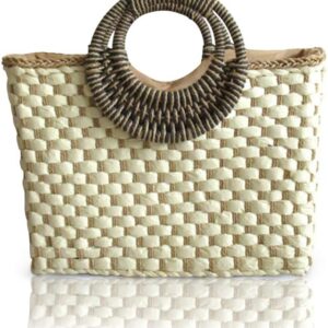 Women Summer Retro Straw Bag with Zip Hand-woven Beach Handbag Top Round Handle Boho Tote Bag Shopping and Travel Large Bag (Beige)