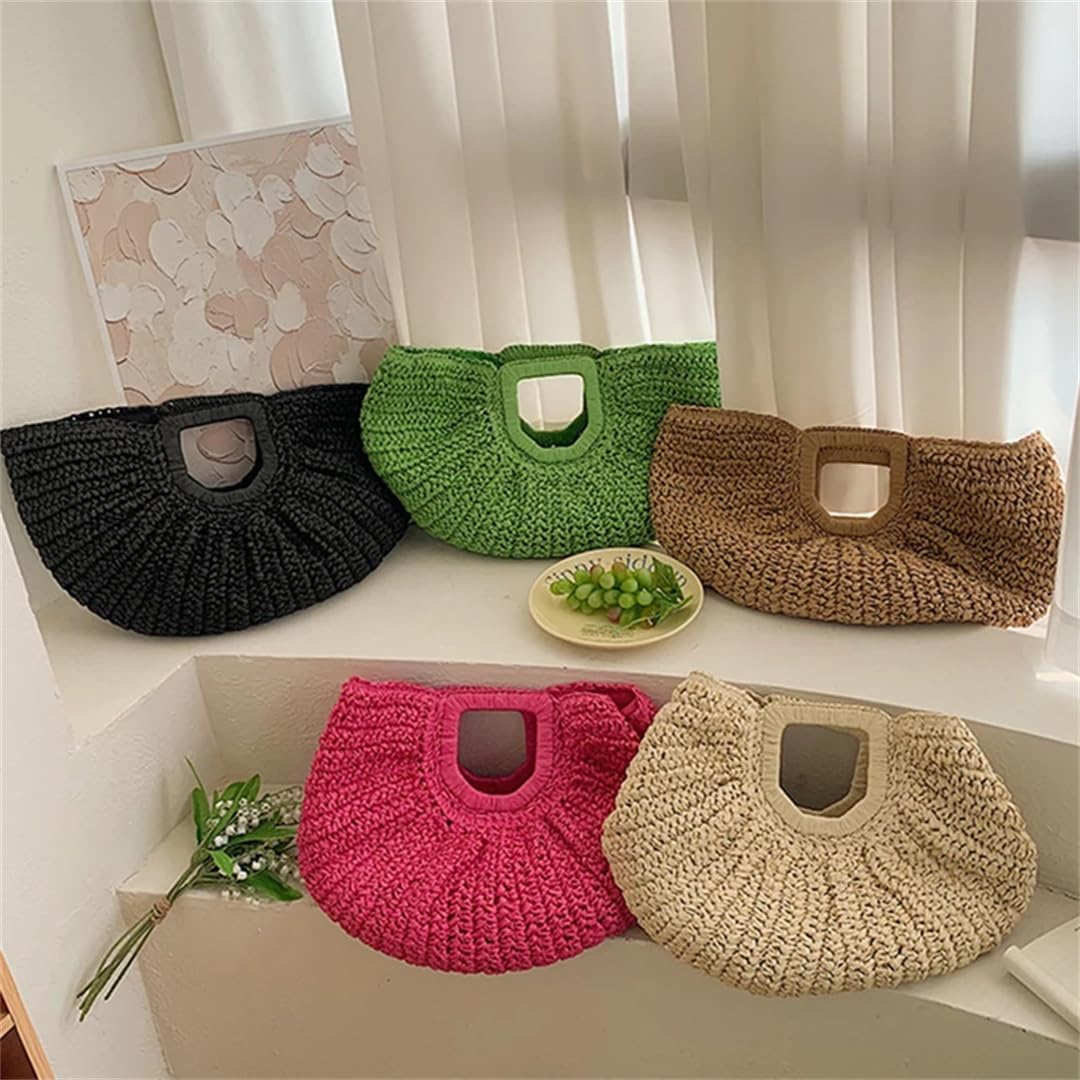 Women Summer Straw Half-Moon Beach Handbag Rattan Handmade Handle Kintted Tote Bag - Image 6