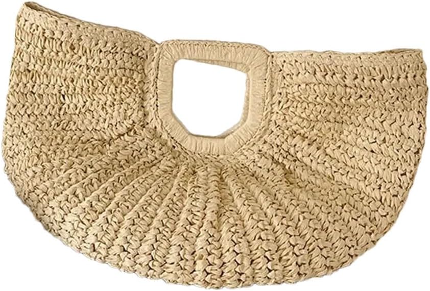 Women Summer Straw Half-Moon Beach Handbag Rattan Handmade Handle Kintted Tote Bag