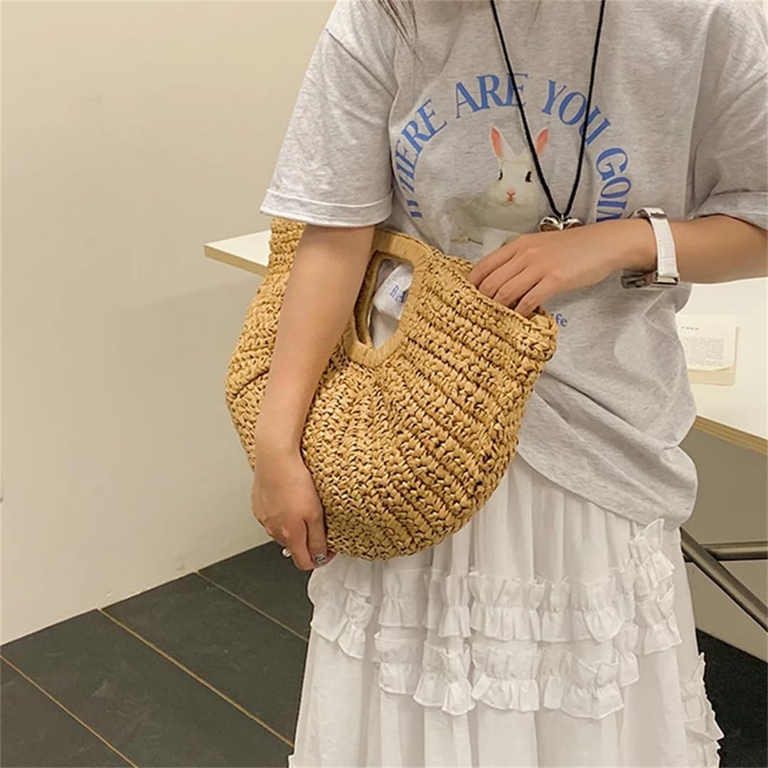Women Summer Straw Half-Moon Beach Handbag Rattan Handmade Handle Kintted Tote Bag - Image 5