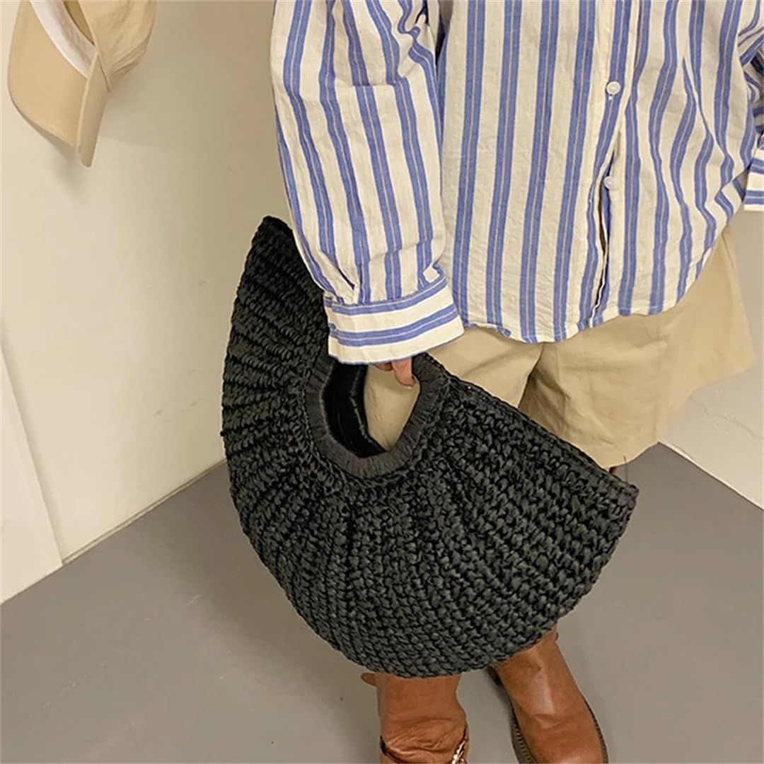 Women Summer Straw Half-Moon Beach Handbag Rattan Handmade Handle Kintted Tote Bag - Image 4