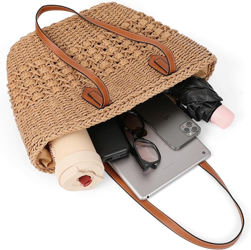 Women's Straw Shoulder Bag Large Rattan Woven Totes Summer Travel Beach Handbag Handmade Top Handle Purse - Image 3