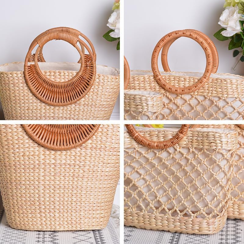 Women's Straw Shoulder Bag Women Large Woven Bag Round Handle Ring Tote Purse Retro Handbags Summer Travel Beach Handbag Hand Woven Straw Large Hobo Bag Big Capacity Handmade Bag for Girls Women C - Image 3