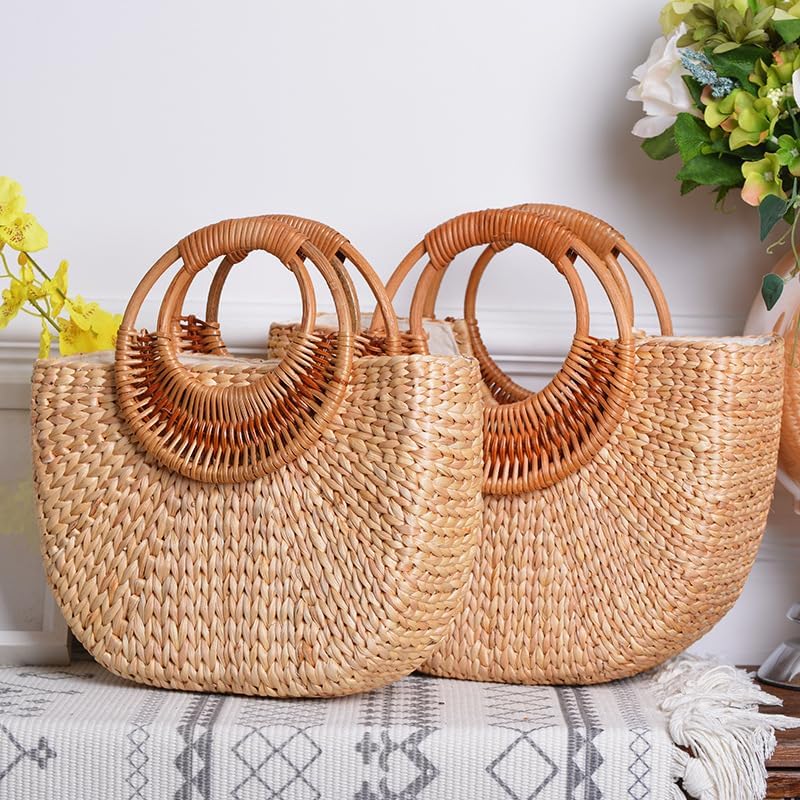 Women's Straw Shoulder Bag Women Large Woven Bag Round Handle Ring Tote Purse Retro Handbags Summer Travel Beach Handbag Hand Woven Straw Large Hobo Bag Big Capacity Handmade Bag for Girls Women C - Image 5