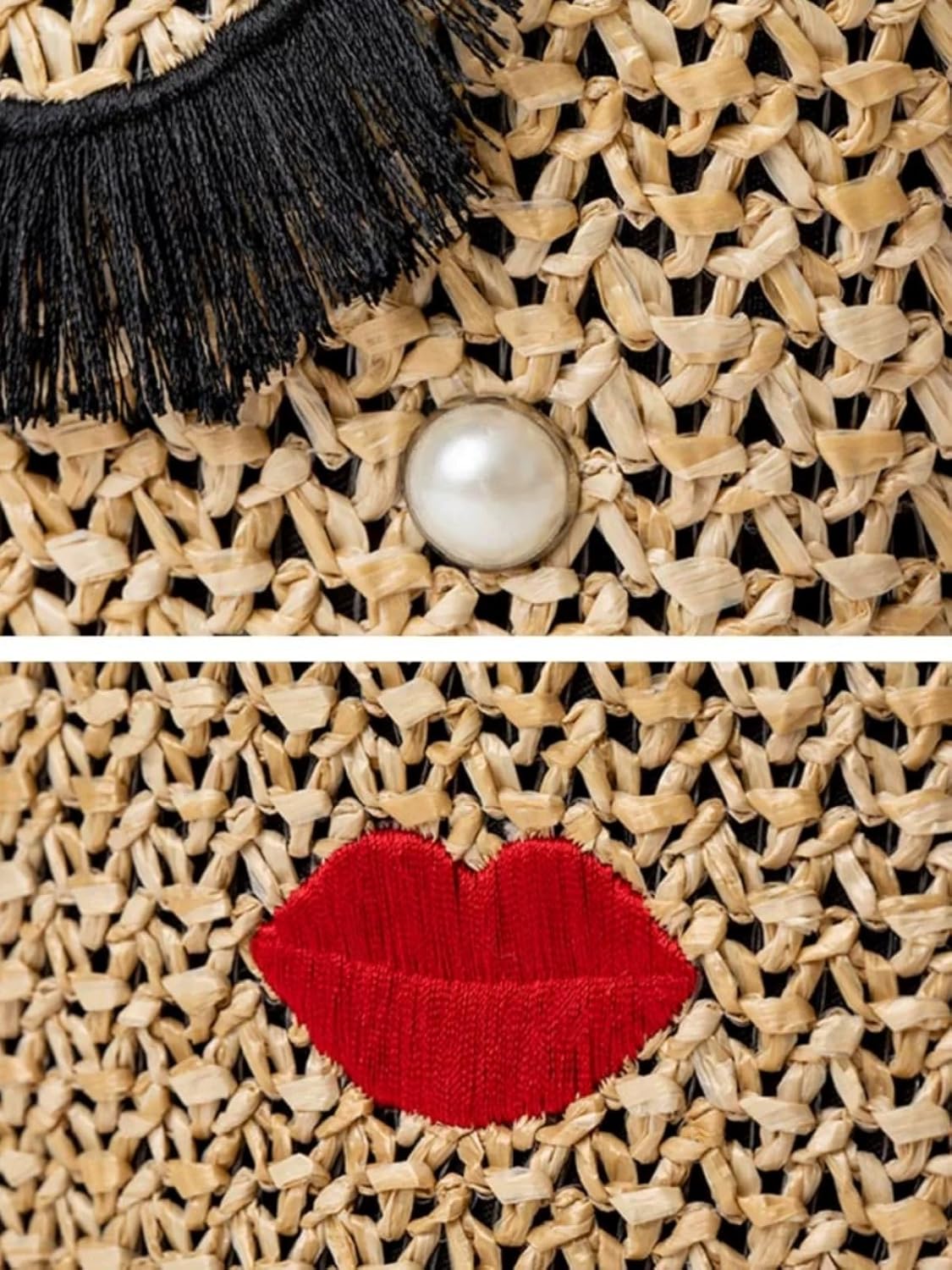 Women's Straw Tote Bag with Eyelashes & Lips Design, Bohemian Handwoven Beach Bag, Lightweight Woven Purse with Drawstring for Picnic, Travel, Shopping, Daily Use - Image 7