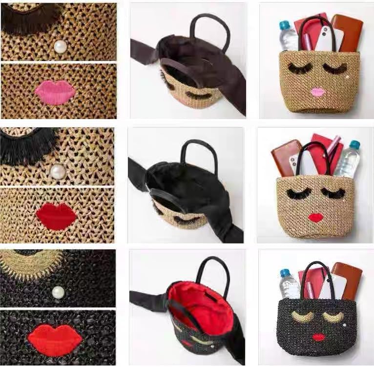 Women's Straw Tote Bag with Eyelashes & Lips Design, Bohemian Handwoven Beach Bag, Lightweight Woven Purse with Drawstring for Picnic, Travel, Shopping, Daily Use - Image 6